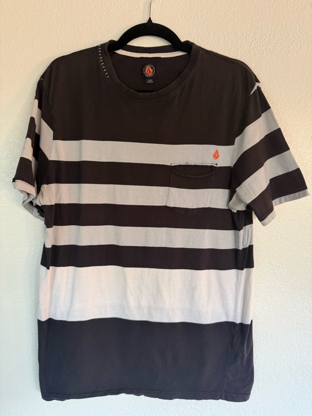 Volcom Black and White Striped Short Sleeve Pocket Tee